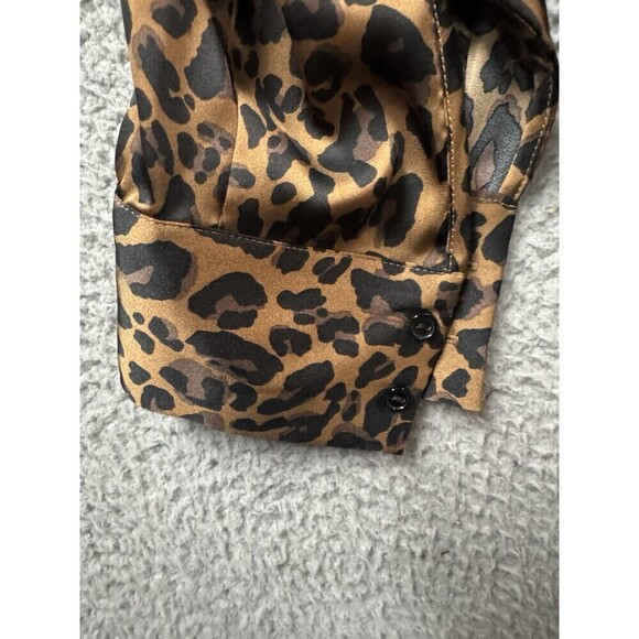 DR2 Blouse Womens XL Brown Black Button Up Long Sleeve Animal Print Satin - Picture 9 of 10